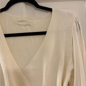 Anthropologie White Ribbed V-Neck Top - Size L NWT